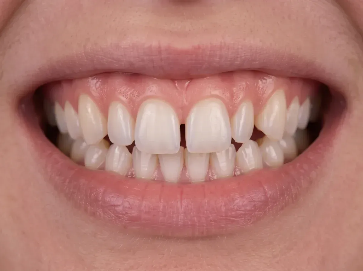 Before: close-up smile with crowded, overlapping front teeth and a gap at the center ahead of Invisalign or braces