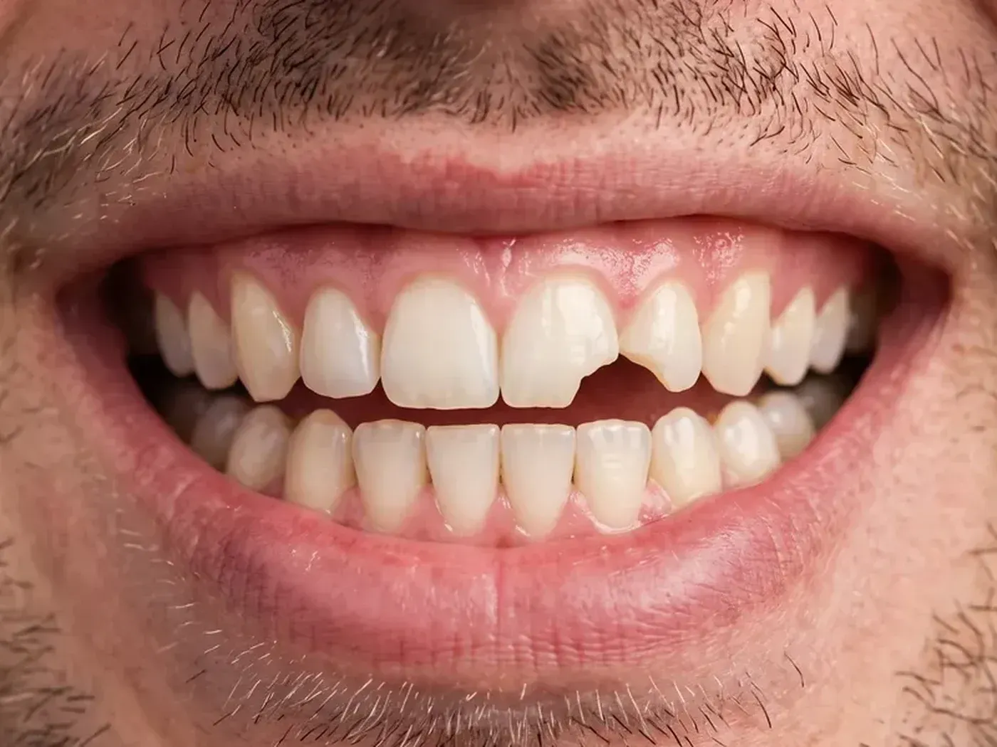 Chipped upper front tooth before dental bonding in a smile makeover