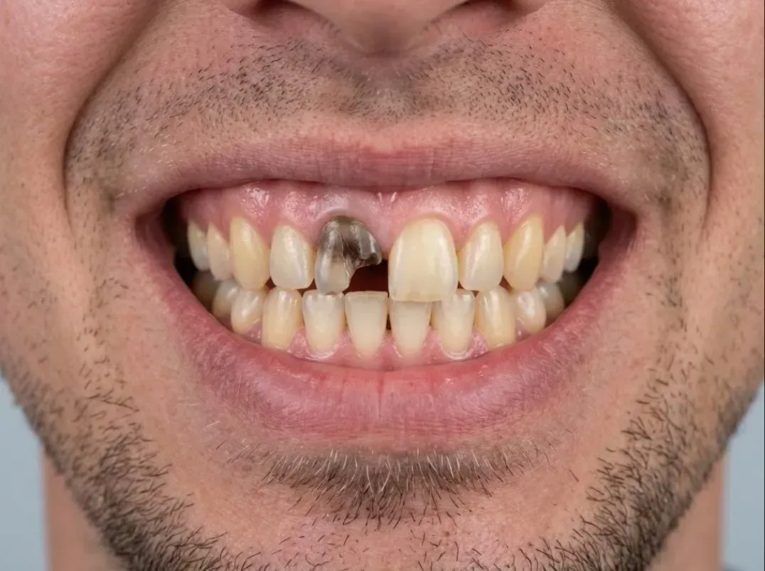Broken, darkened front tooth before a dental crown, one of the prosthodontic services at Deluxe Dentistry & Esthetics