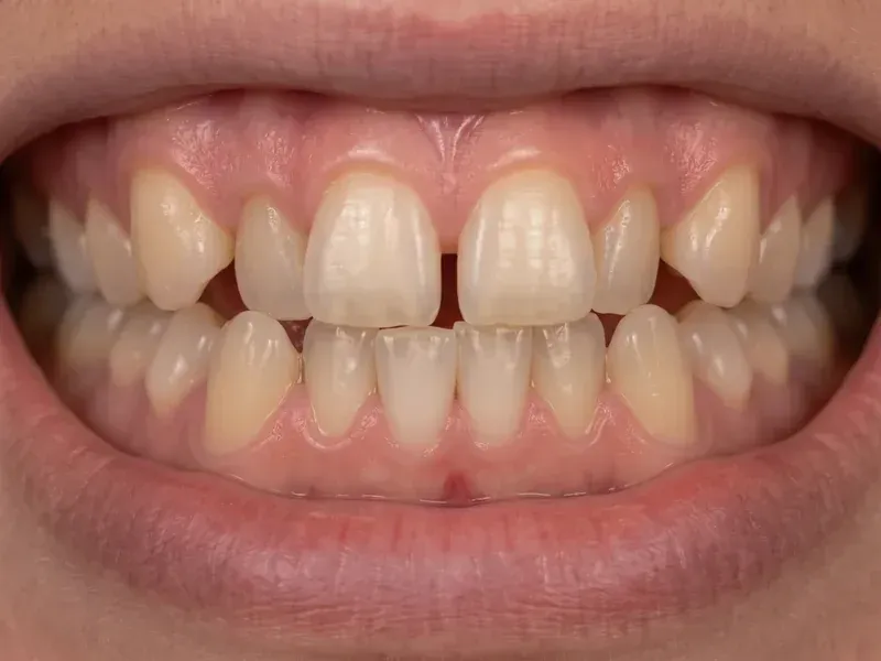 Before Fastbraces: a gap between the upper front teeth, side teeth set back and crowded, overlapping lower teeth