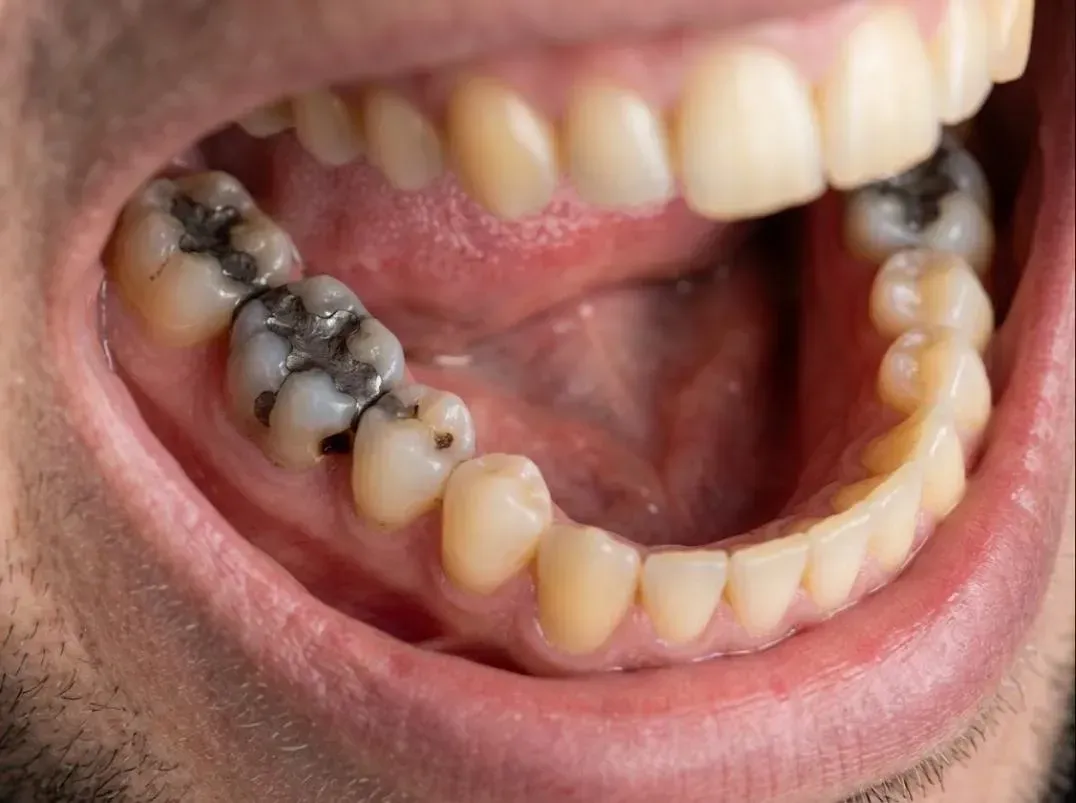 Dark metal fillings in lower back teeth before tooth-colored fillings