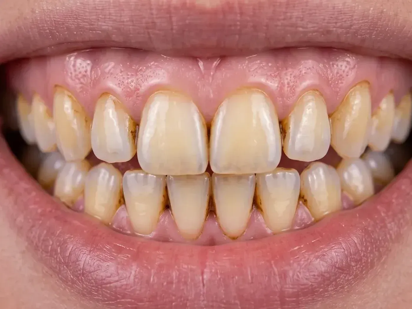 Yellow-stained smile before in-office teeth whitening in a smile makeover