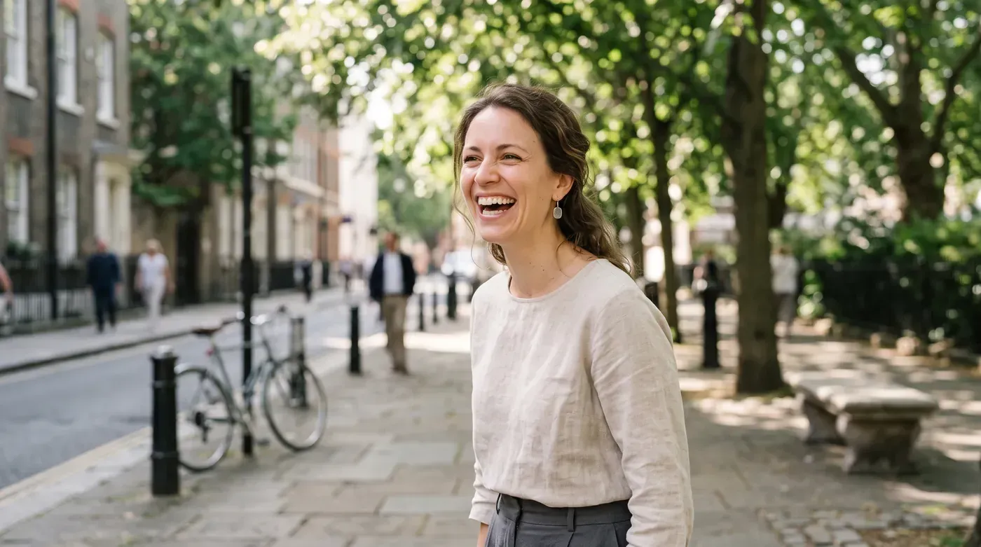 Porcelain Veneers: woman laughing on a tree-lined street
