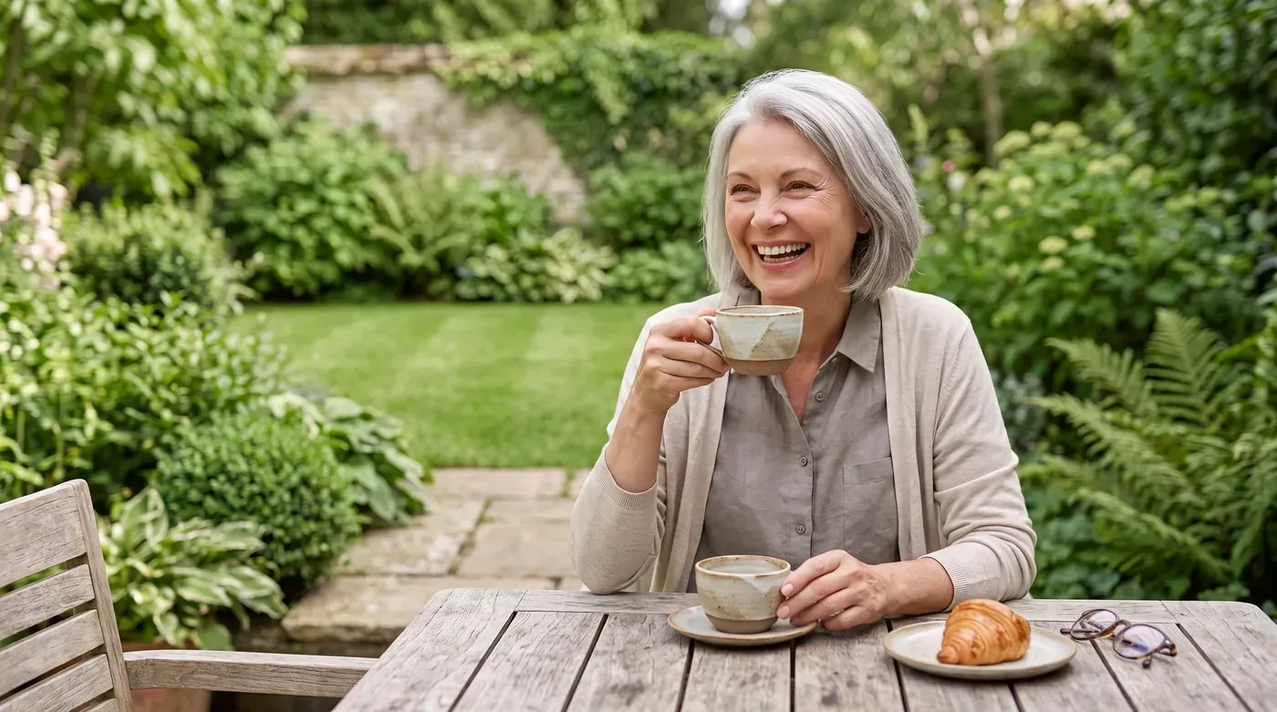 Woman laughing over tea in her garden, enjoying a smile restored with prosthodontic care