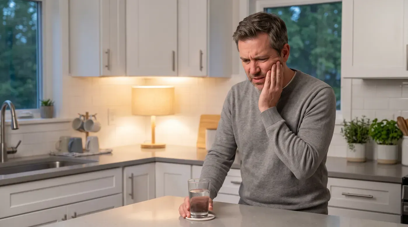 Man in his kitchen holding his cheek in tooth pain, the kind of problem emergency dental care treats