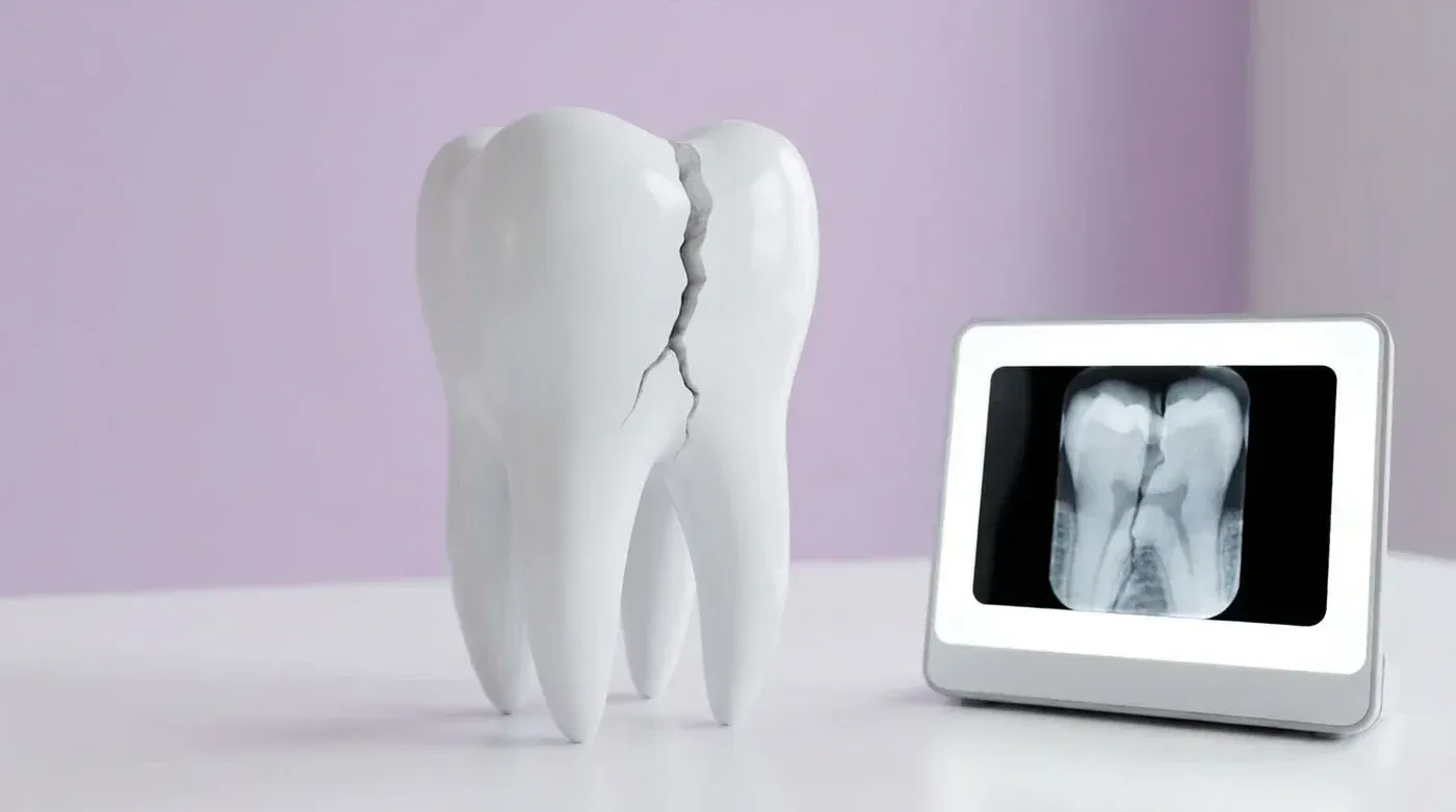 A tooth model with a crack through the crown beside a dental x-ray of the tooth, the kind of problem emergency dentistry treats