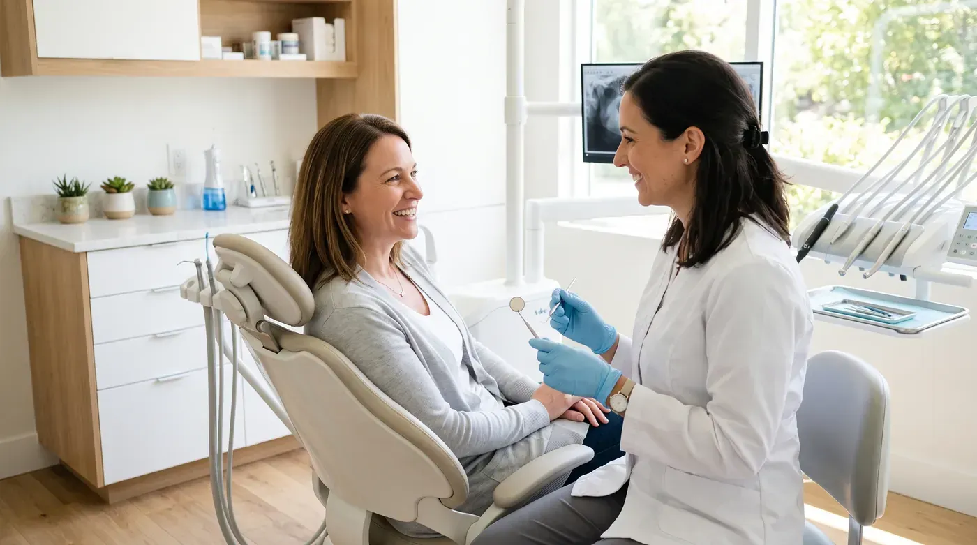 Woman in a dental chair talking with a team member about treatment for her snoring