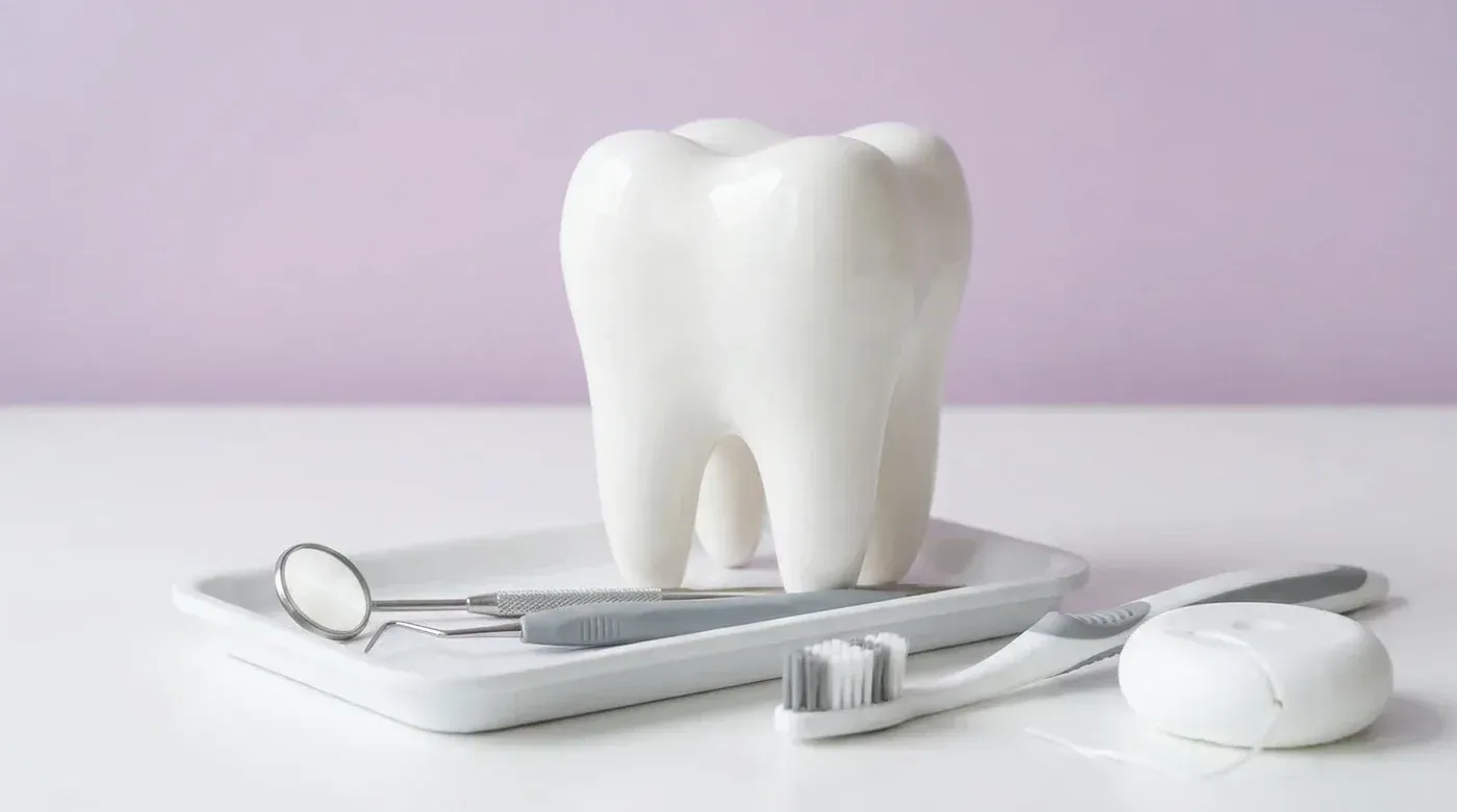 A large healthy white tooth model with a dental mirror, explorer, toothbrush and floss, the tools of a routine dental visit