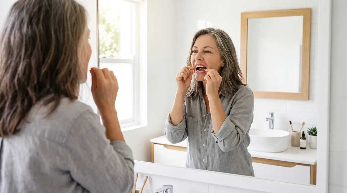 Gum Grafting: woman checking her gums in a bathroom mirror