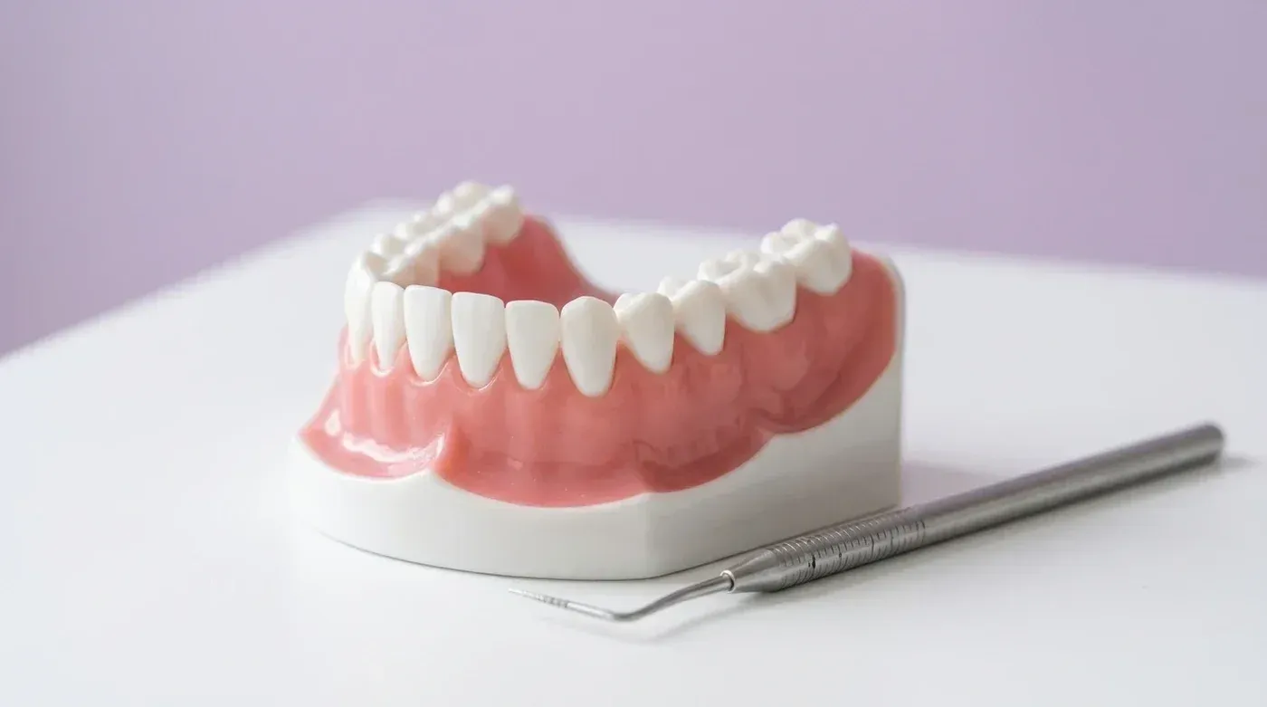 Dental model of healthy pink gums around clean teeth beside a periodontal probe