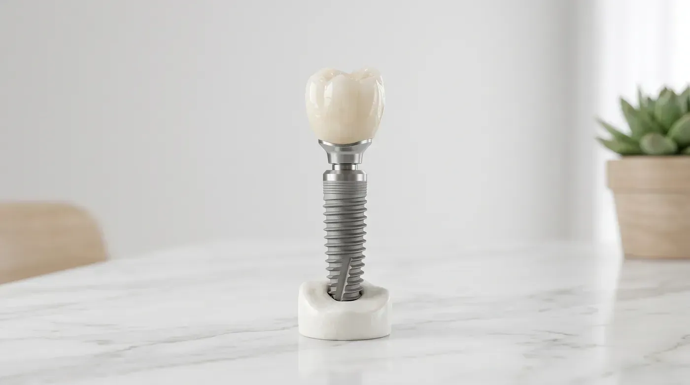 Model of a titanium dental implant topped with a natural-looking crown