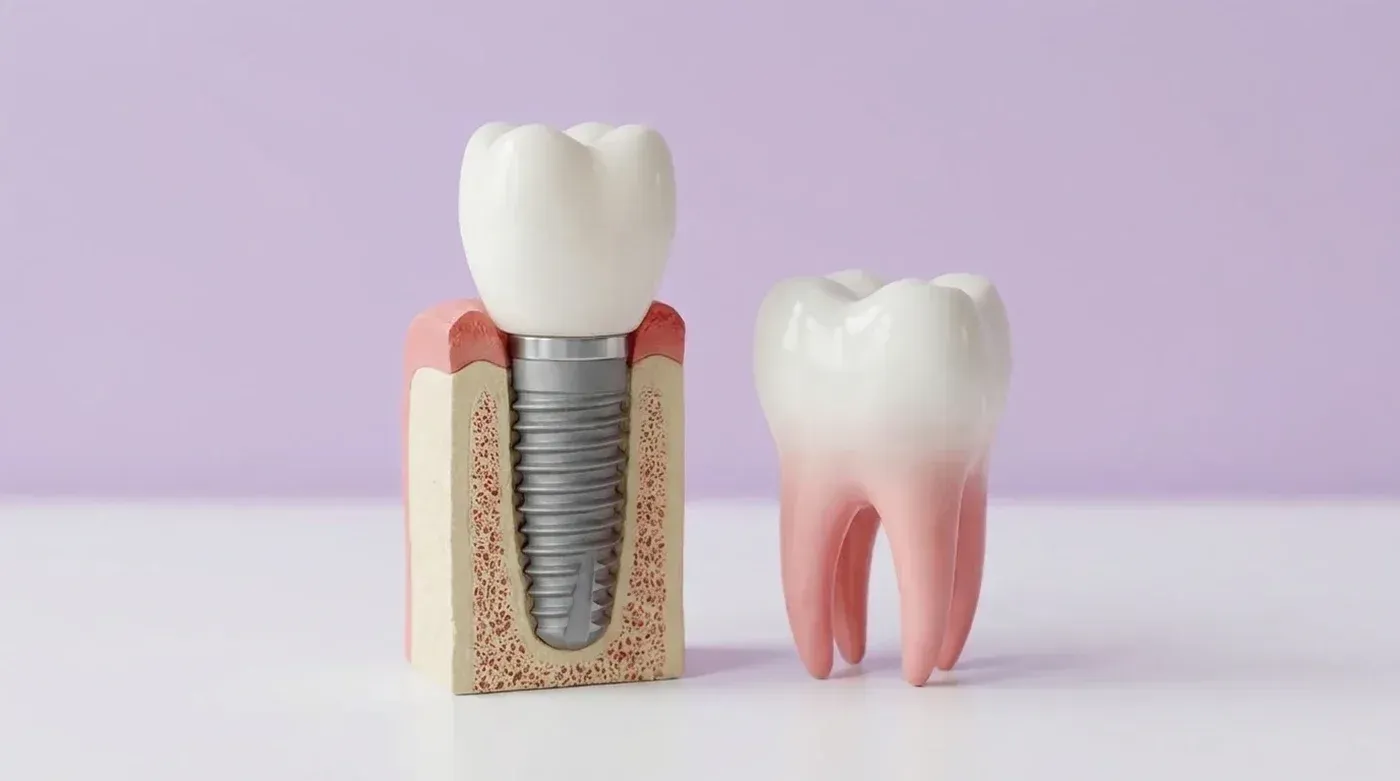Model of a titanium dental implant topped with a natural-looking crown beside a natural tooth model