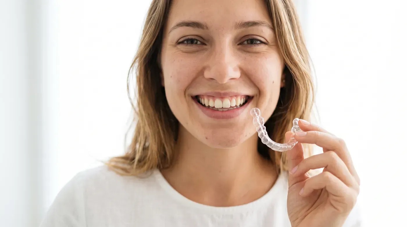 Woman smiling and holding a clear aligner, ready to plan her straighter smile with Invisalign