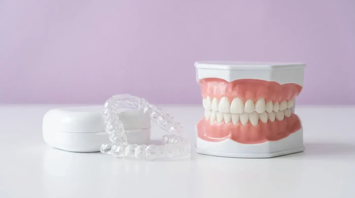 Clear aligner trays beside their case and a model of straight, even teeth