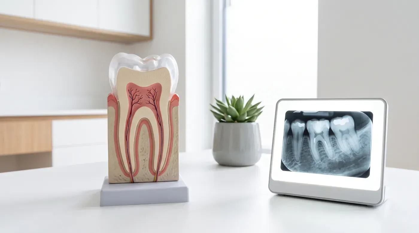Root Canal Treatment: tooth model beside a dental x-ray on a tablet