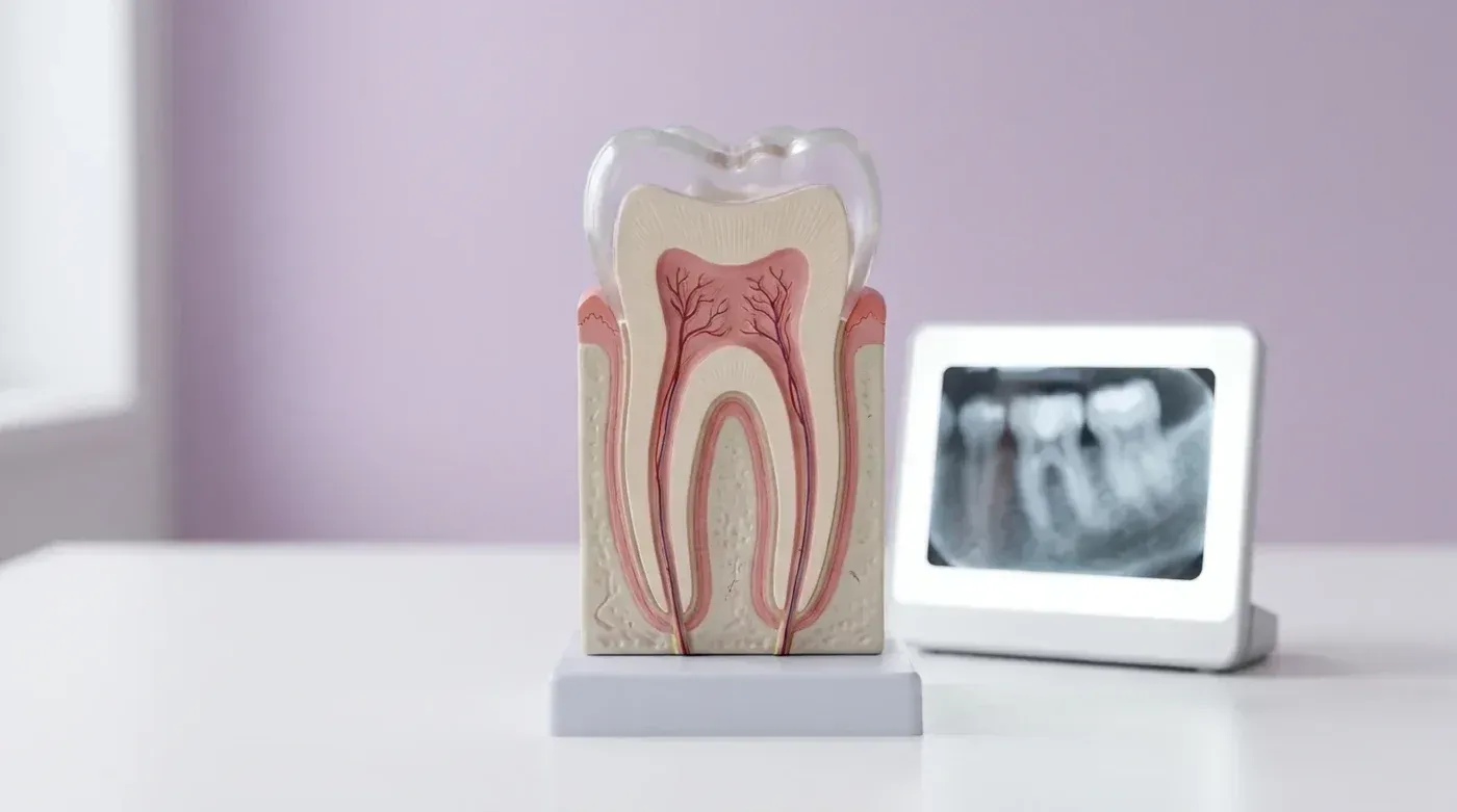 Cross-section tooth model showing the pulp and root canals beside a dental x-ray of the roots