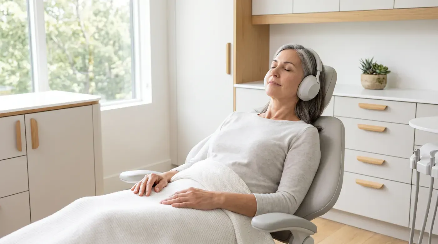 Patient relaxing in a dental chair with headphones during sedation dentistry