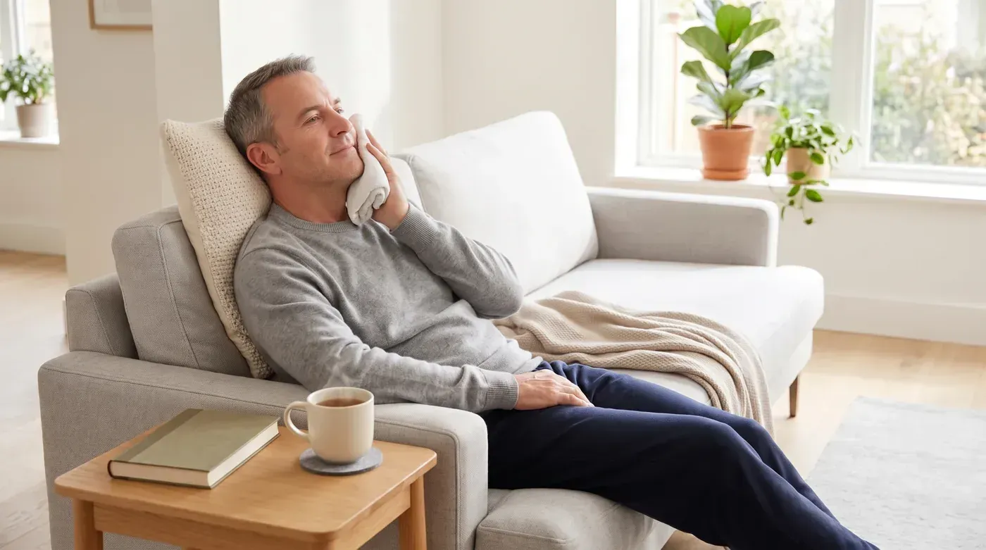 Man resting on his sofa with an ice pack on his cheek after oral surgery