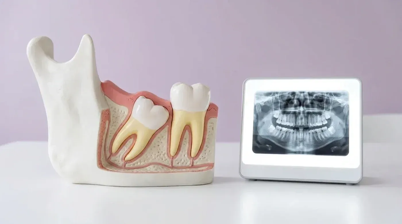 Jaw model of an impacted wisdom tooth beside a panoramic dental x-ray, the kind of case oral surgery treats