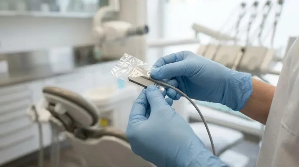 Emergency Root Canal: gloved hands holding a digital dental x-ray sensor in a treatment room