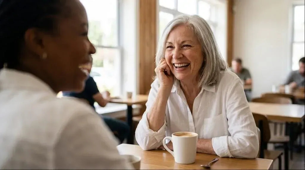 Dentures and Partials: woman laughing with confidence over coffee with a friend