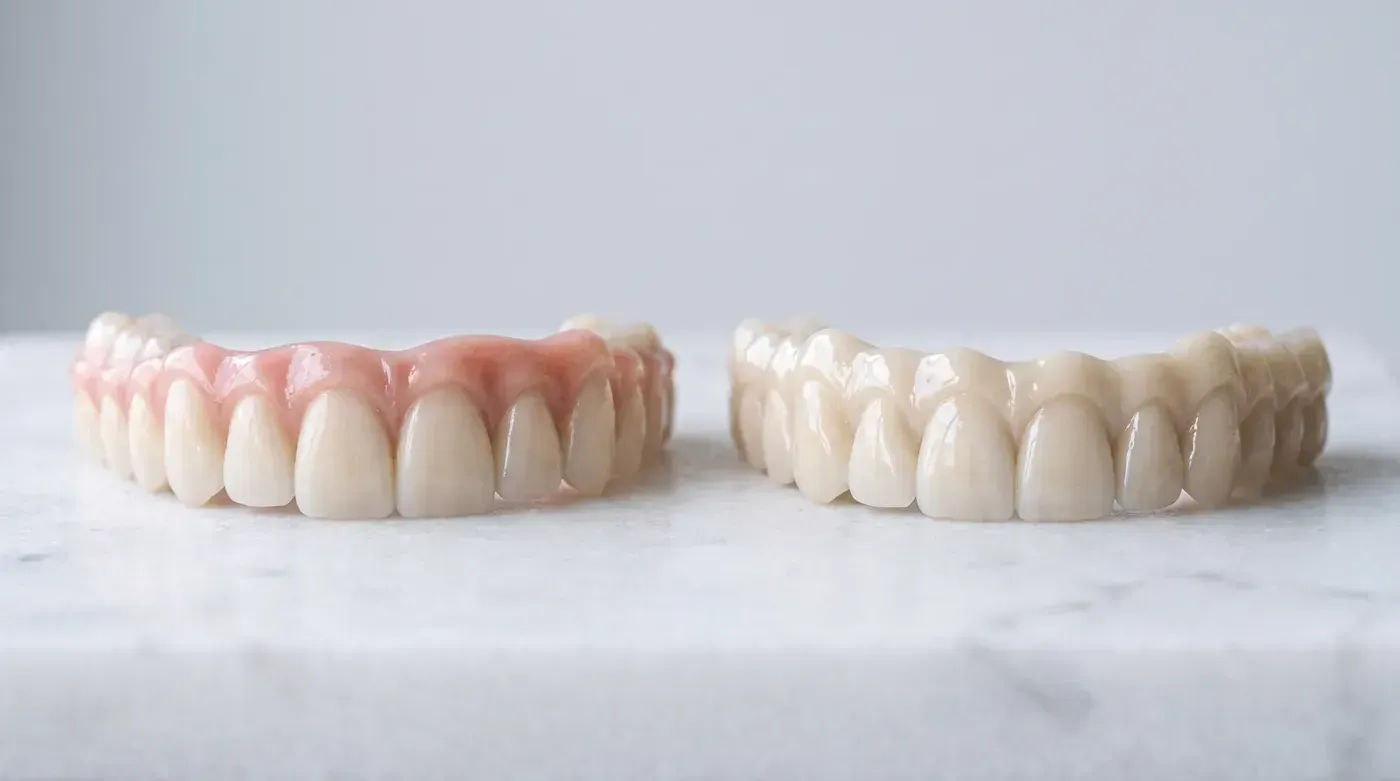 All-on-X Dental Implants: acrylic and zirconia full-arch bridges side by side