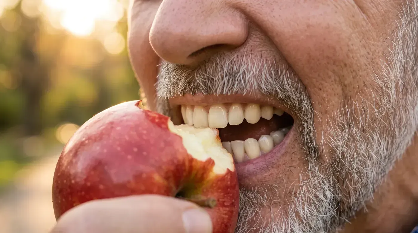Same-Day Full Arch Dental Implants: person biting into an apple with confidence