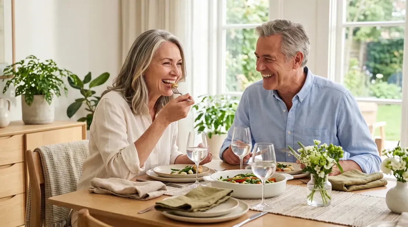 Couple laughing over dinner, smiling freely after a chipped tooth is repaired with dental bonding