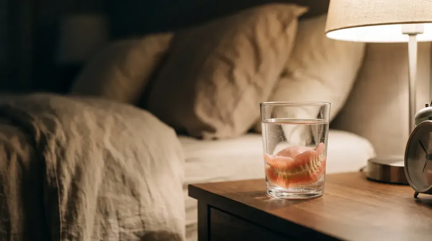 A removable denture soaking in a glass of water on a nightstand, the nightly routine that full arch dental implants put an end to