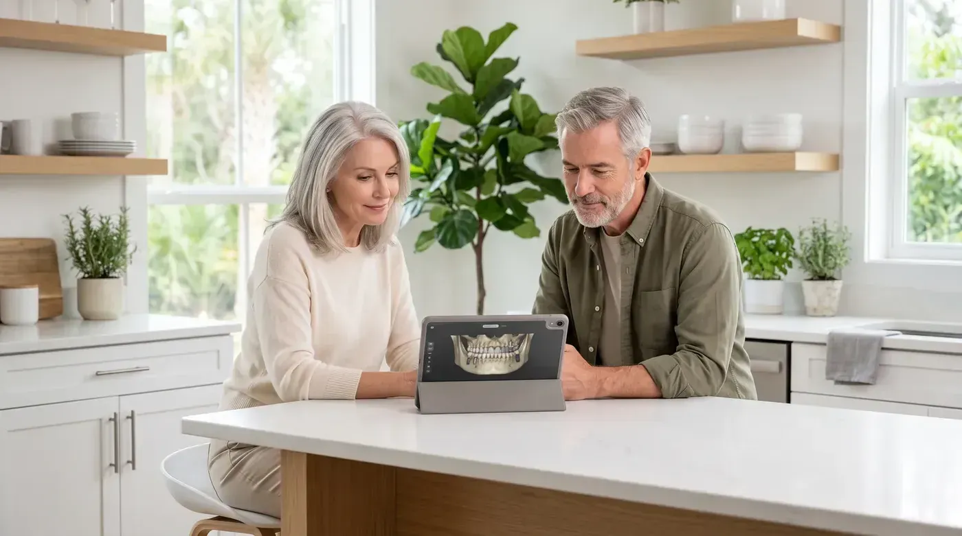 Dental Implant Cost: couple at home reviewing a 3D scan of their dental implant treatment plan on a tablet