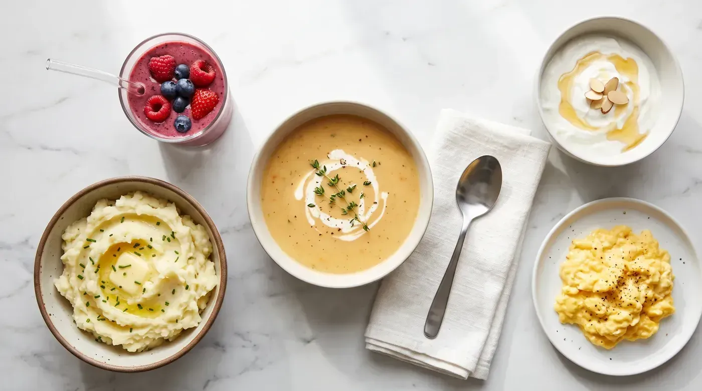 Soup, mashed potatoes, eggs and yogurt, the soft foods for healing at home after an emergency tooth extraction