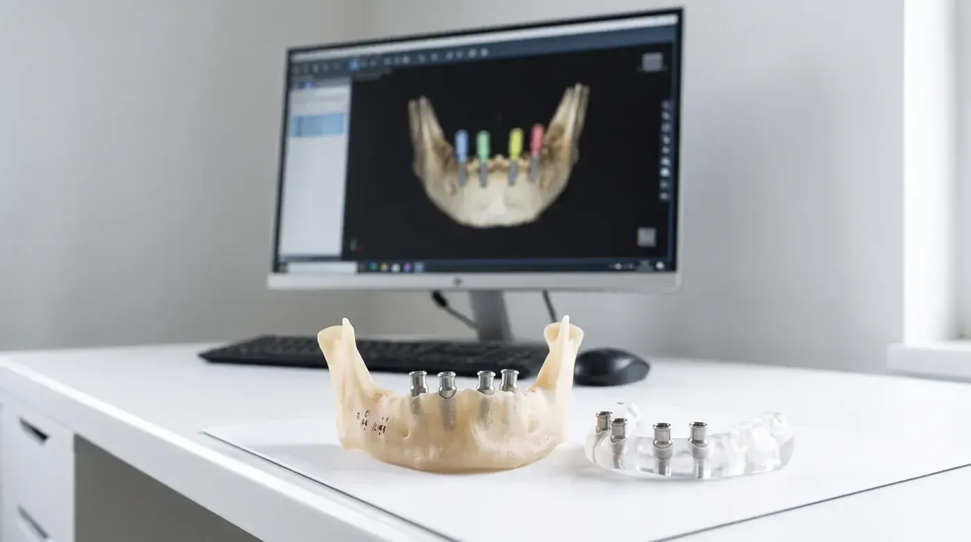 Jaw model with four implant posts and a surgical guide beside a 3D planning screen, the setup for All-on-4 full arch dental implants