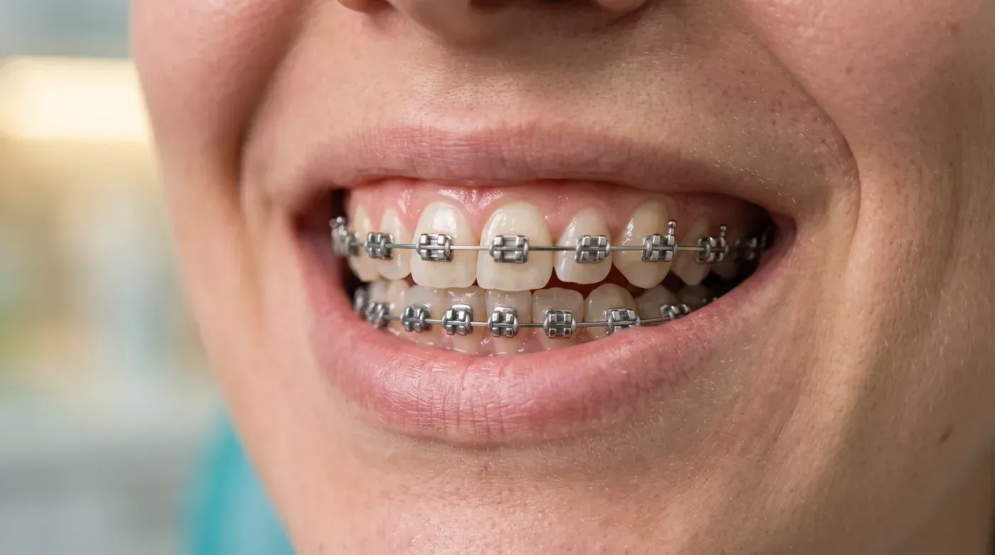 Close-up of a smile with braces: small brackets on each tooth joined by a thin wire, the kind of system Fastbraces uses to straighten teeth
