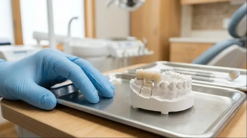 Gloved hand beside a dental model fitted with a three-tooth bridge, the fixed bridge that fills the gap of a missing tooth