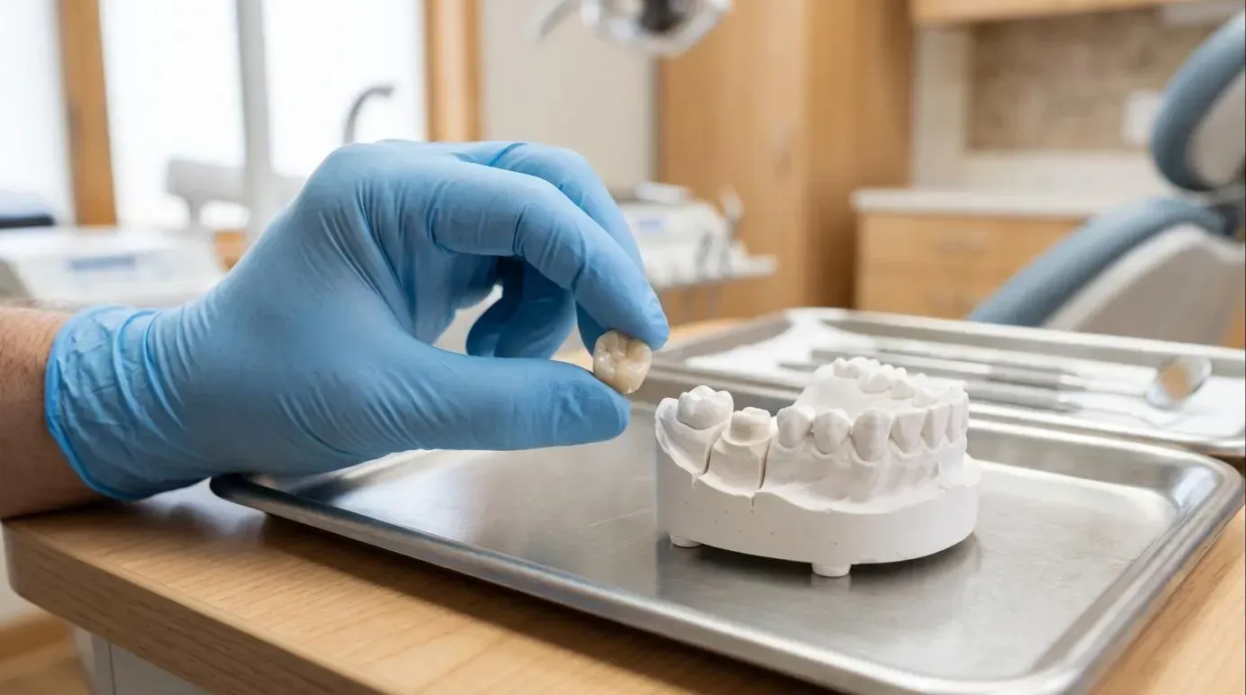 Dental Crowns: gloved hand holding a dental crown on a model