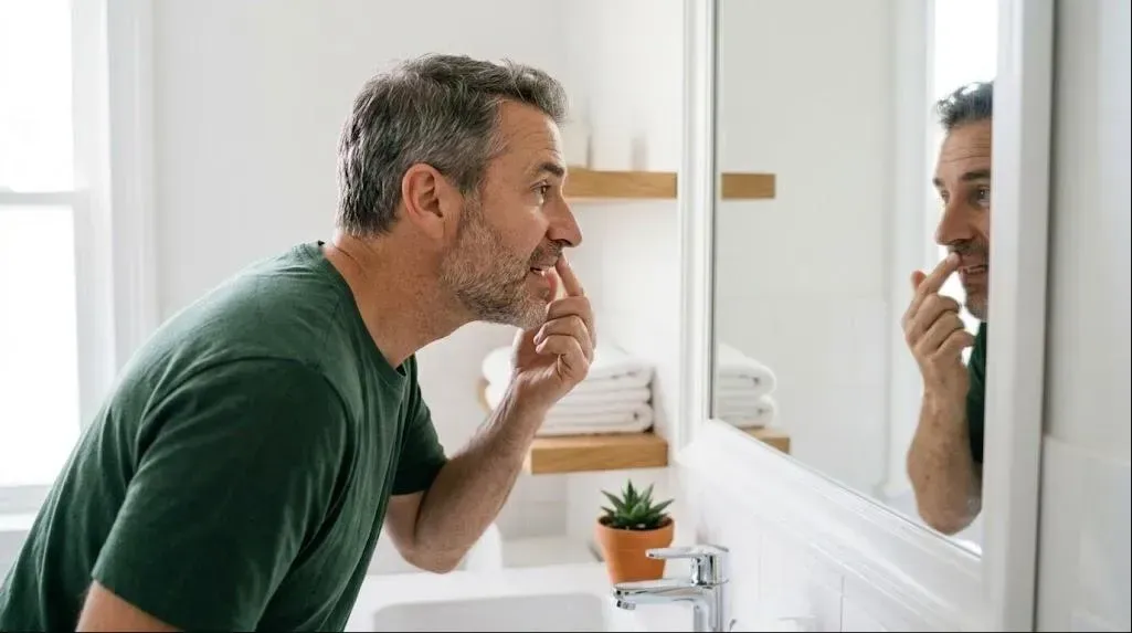 Gum Disease Treatment: man checking his gums in a mirror