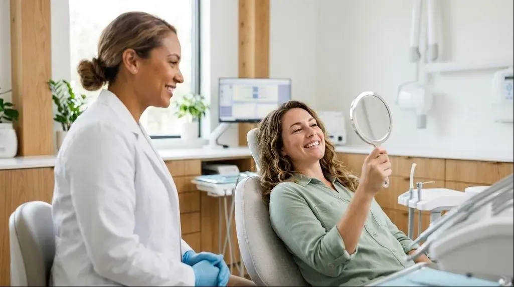 Full Mouth Reconstruction: patient checking her smile in a hand mirror