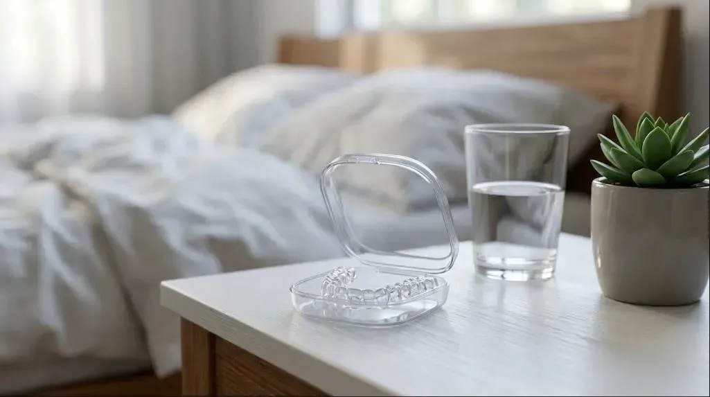 Nightguards: clear night guard on a bedside table