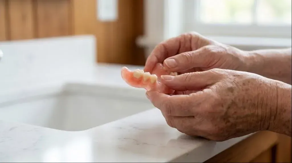 Pre-Prosthetic Surgery: hands holding a partial denture