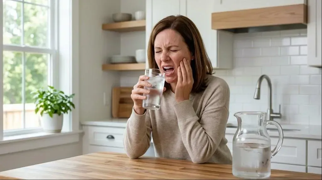 Tooth Sensitivity Treatment: woman wincing from tooth sensitivity while drinking water