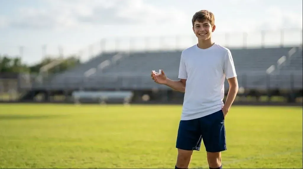 Custom Sports Mouthguards: young athlete on a sports field