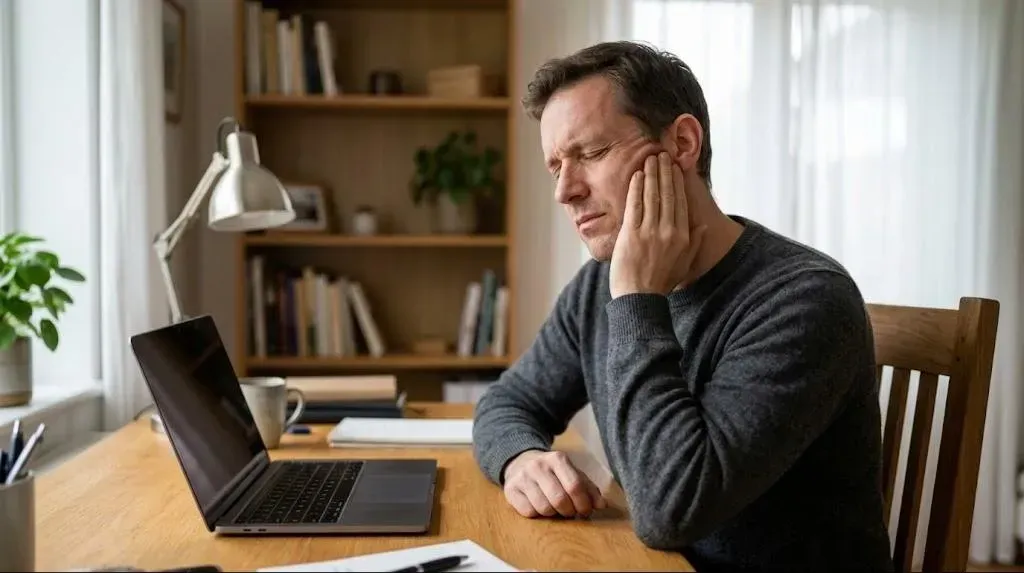 Man at his desk pressing a hand to his cheek from throbbing tooth pain