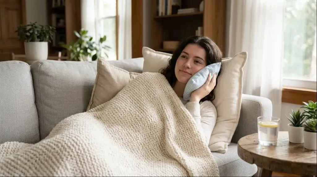 Wisdom Teeth Removal: woman resting on a couch with an ice pack