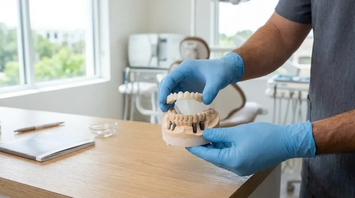 All-on-6 Dental Implants: dentist fitting a full-arch bridge onto a dental model with implants