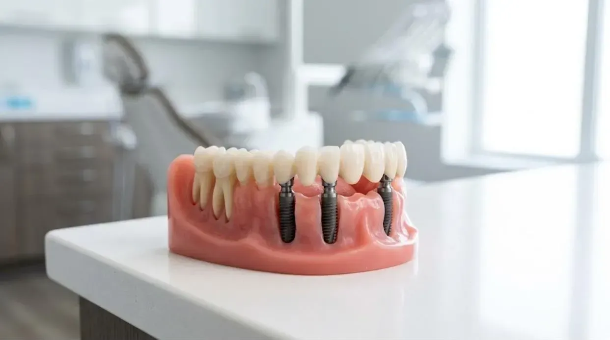 Model of a lower jaw with a full arch of teeth held on implants, how full-arch dental implants replace a whole arch