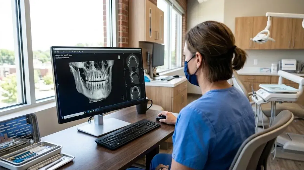 Sinus Lift: dentist reviewing a 3D CT scan of a jaw on a monitor