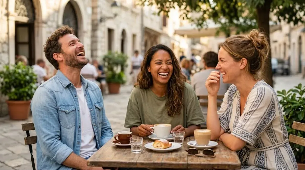 Three friends laughing at a cafe table with confident smiles, the result a full mouth reconstruction aims for