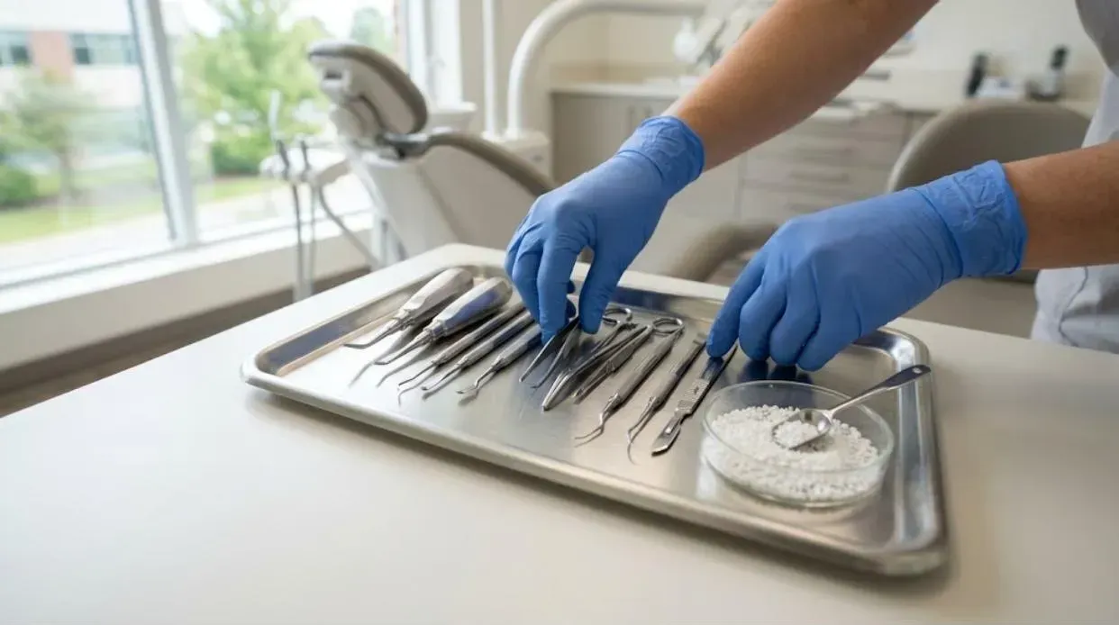 Dental Bone Grafts: sterile instruments and bone graft granules on a dental surgery tray