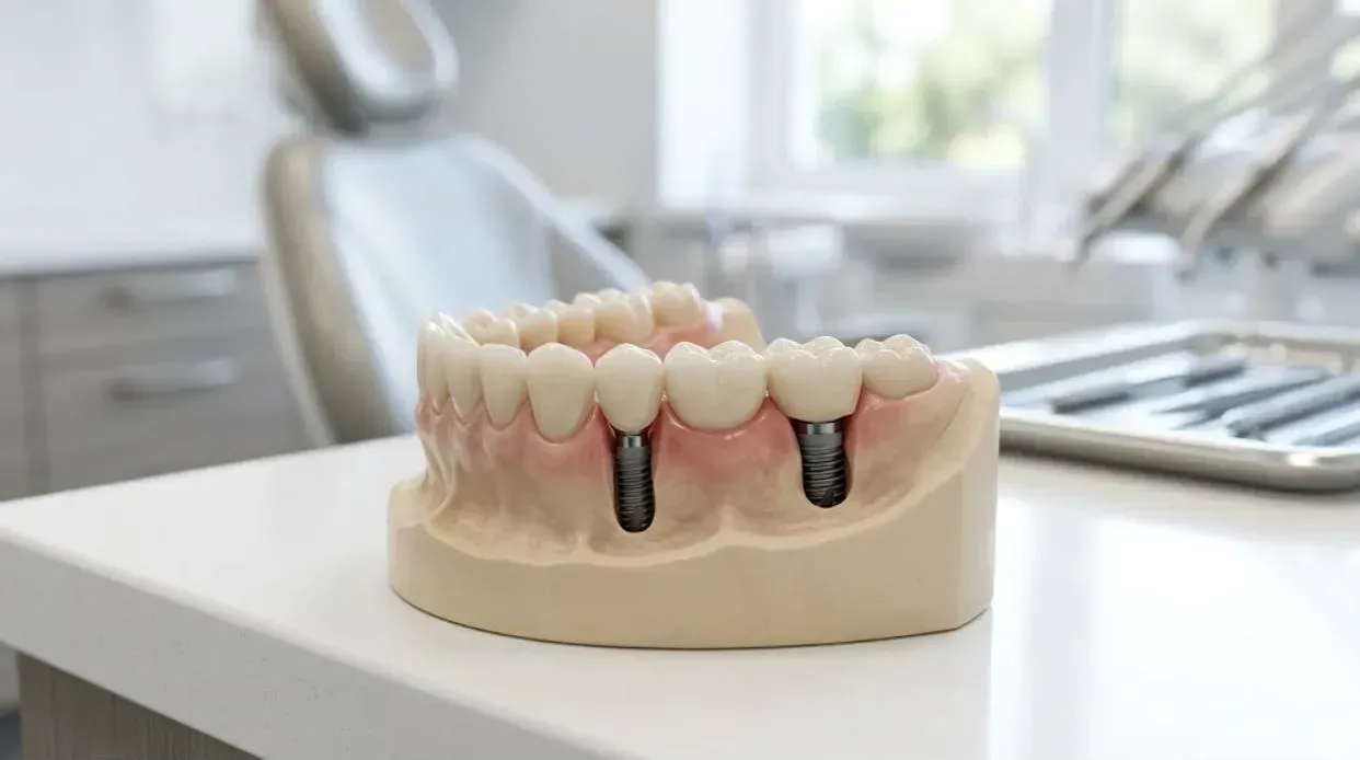 Implant Bridge: dental model of a three-tooth bridge supported by two dental implants
