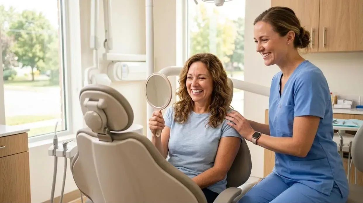 Same-Day Dental Implants: smiling patient looking at her new teeth in a hand mirror, with a team member beside her